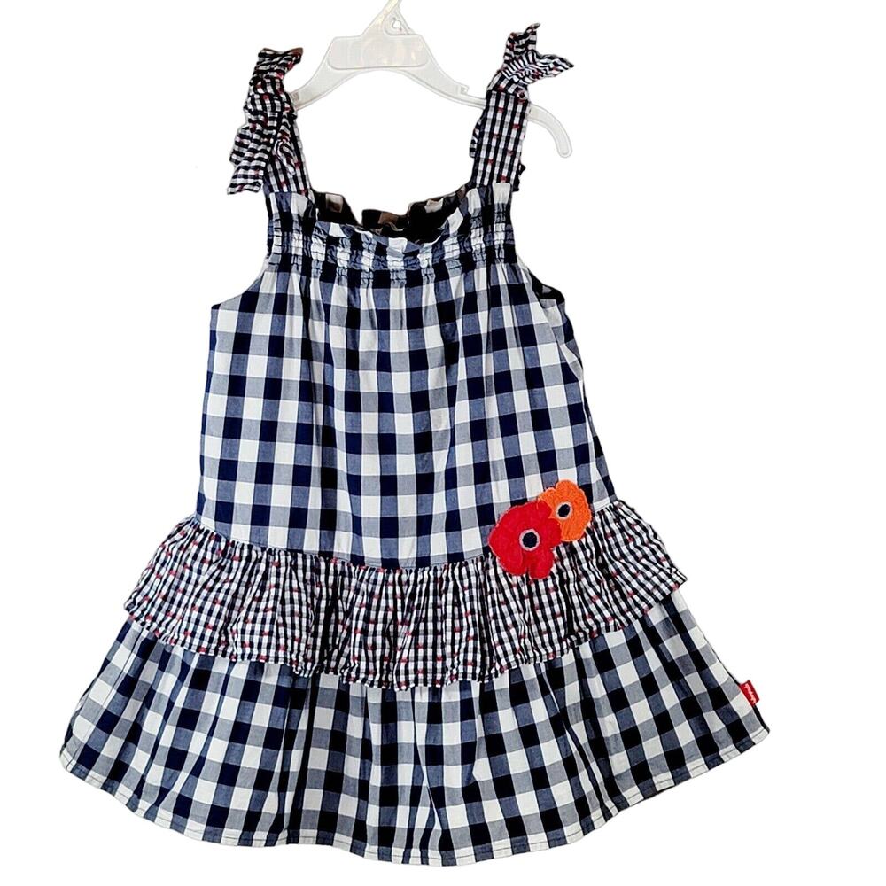Gingham Toddler Dress Sz 5 Tutto Piccolo Buffalo Check Blue White Flower Accent